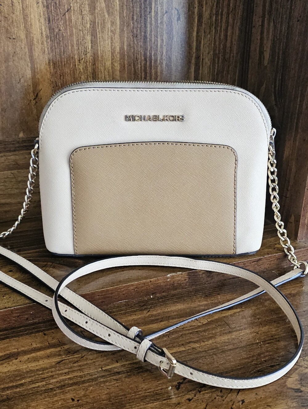 MICHAEL KORS Cream and Tan Cindy Pocket Leather Crossbody with Gold Hardware